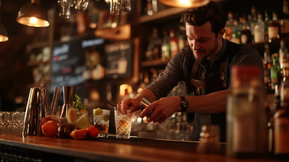 A man at a bar garnishing some cocktails